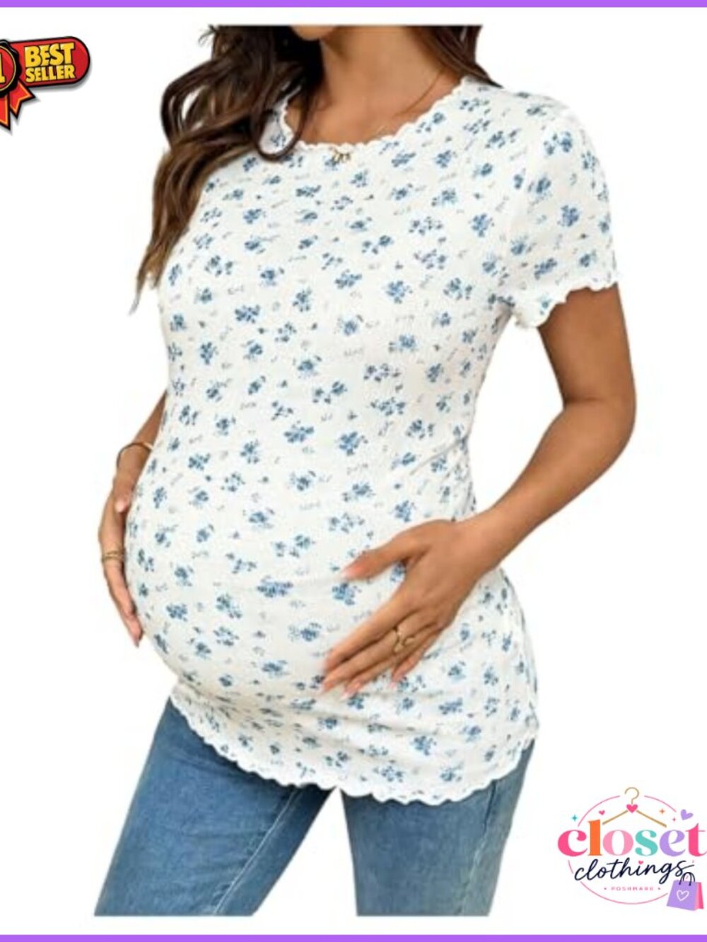 Maternity Floral Ribbed Short Sleeve Lettuce Trim T-Shirt Pregnancy Summer Top